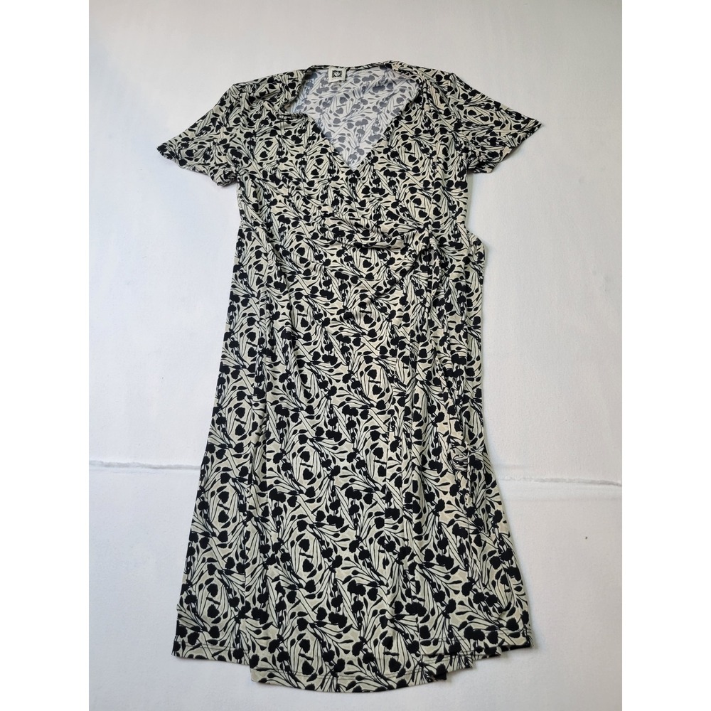 Anne Klein Womens Faux Wrap Dress Black Cream Floral Short Sleeve Size 10